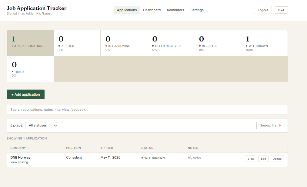 Job Application Tracker applications view with status breakdown, search, filters, and applications list